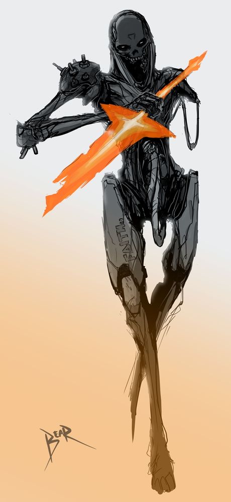 A corpse like Biomodus, a transhuman biomechanical man with a missing arm and an orange energy blade