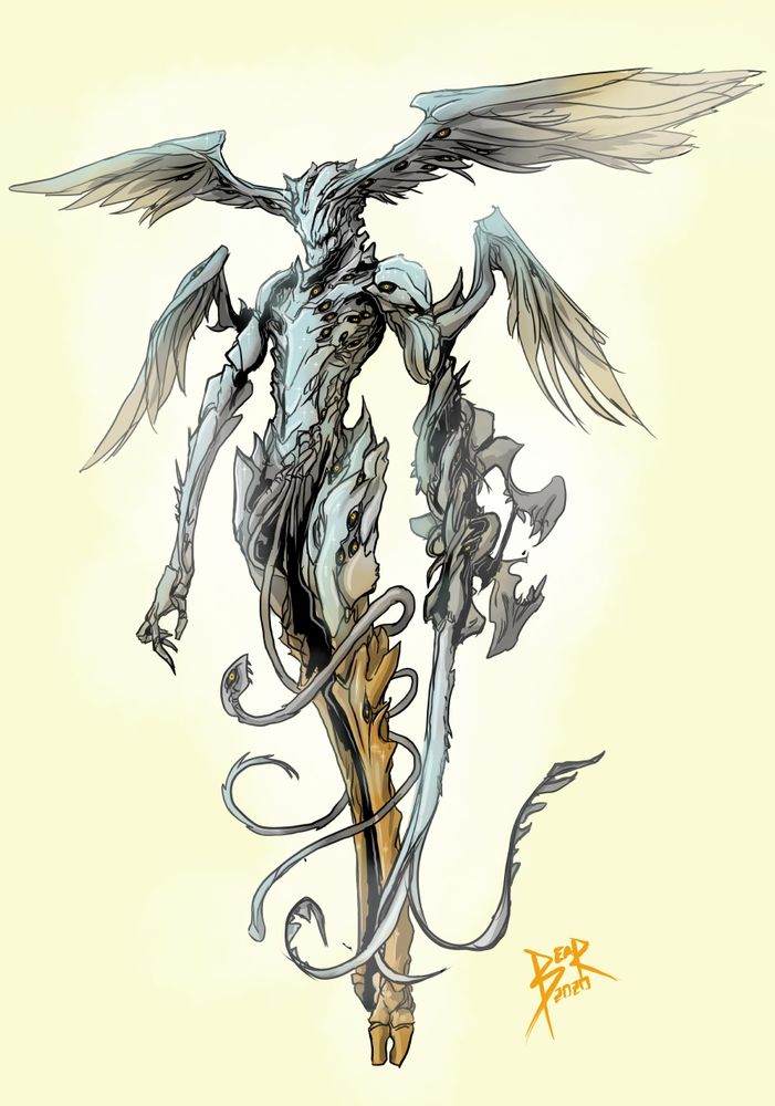 A floating, eldritch angel with head wings, tentacles and a bladed arm