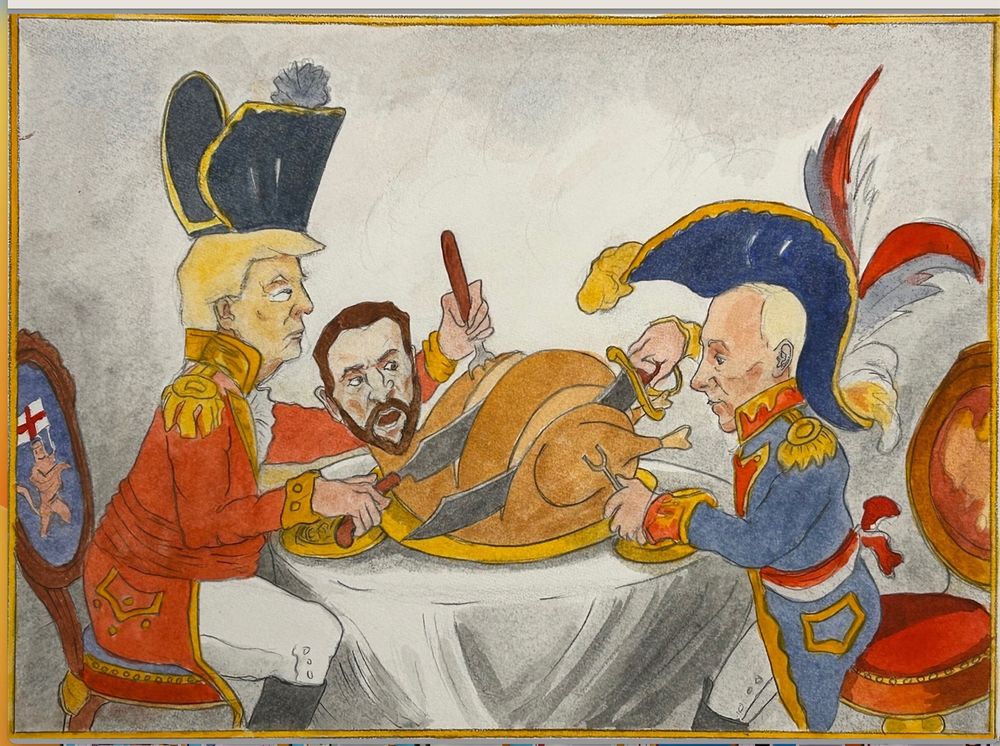 My take on a classic political cartoon by James Gillray, DJT and Putin carving up Zelensky. Mon interprétation d'un dessin de presse politique classique de James Gillray, Trump et Poutine dépeçant Zelensky.