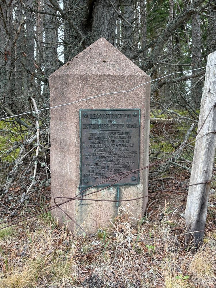 A memorial cairn standing by a fence in a pine plantation. It marks the occasion on 6th May 1925 when Mrs Mackintosh of Mackintosh, wife of Colonel Mackintosh of Mackintosh cut the first turf on the reconstruction of the Inverness-Perth road.