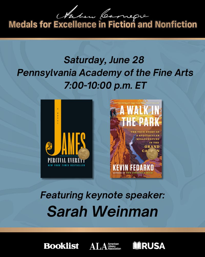 Promotional graphic for 2025 Andrew Carnegie Awards happening Saturday, June 28 at 7:00 p.m. ET at the Pennsylvania Academy of the Fine Arts