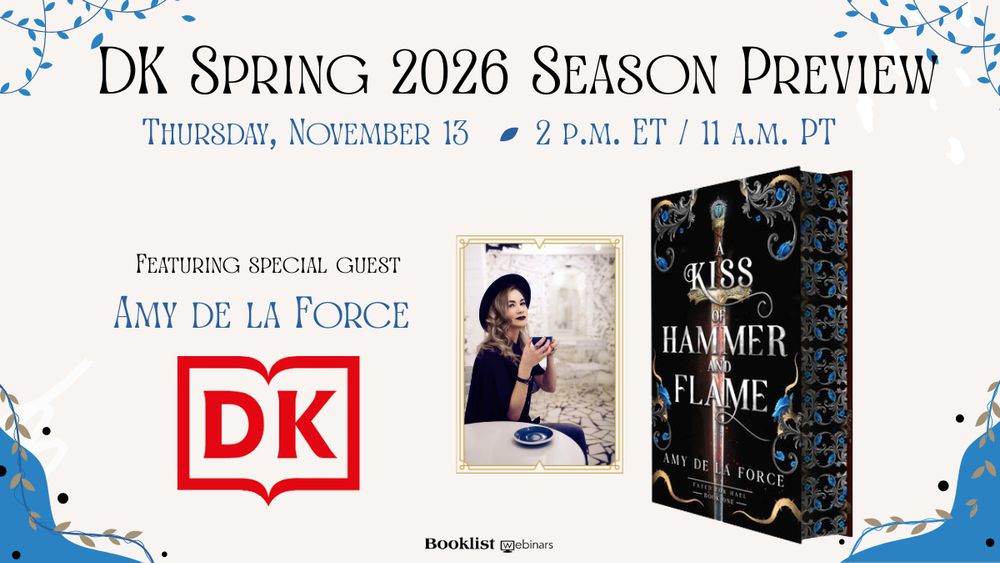 Promotional graphic for upcoming Booklist and DK webinar DK SPRING 2026 SEASON PREVIEW happening Thursday, November 13 at 2 p.m. ET / 11 a.m. PT