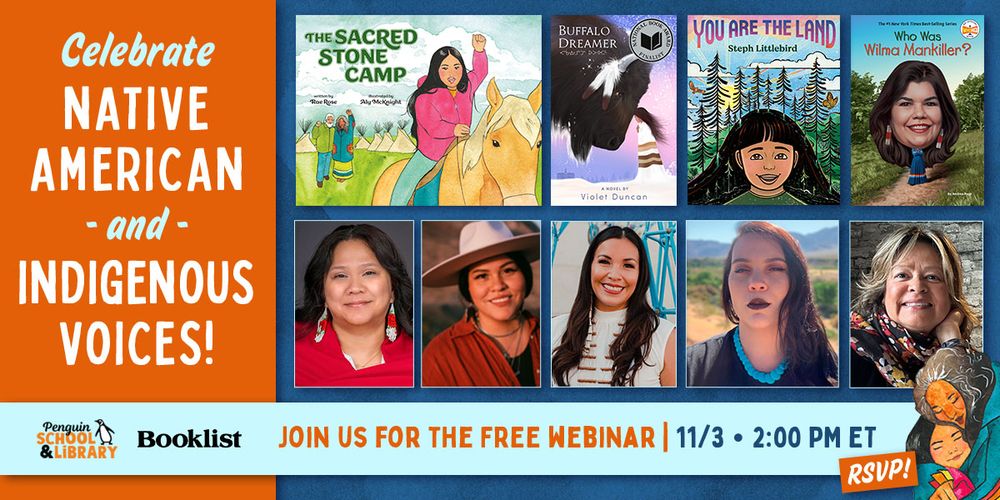 Promotional graphic of upcoming Booklist and PYR webinar CELEBRATE NATIVE AMERICAN AND INDIGENOUS VOICES happening 11/3 at 2 p.m. ET