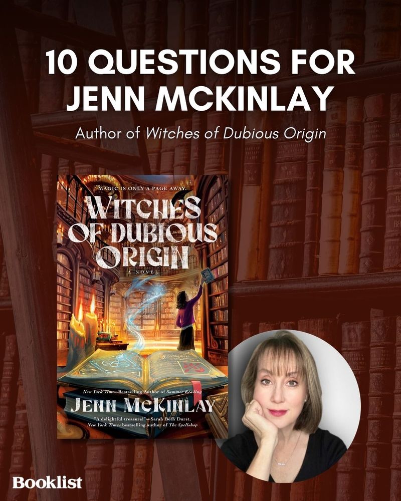 Cover image of WITCHES OF DUBIOUS ORIGIN by Jenn McKinlay next to headshot of author
