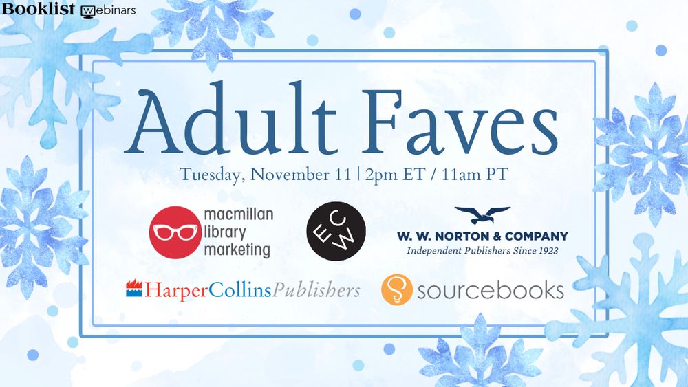 Promotional graphic for upcoming Booklist webinar ADULT FAVES happening Tuesday, November 11 at 2 p.m. ET / 11 a.m. PT