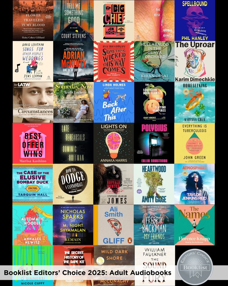 Collage of titles featured on this year's Booklist Editors' Choice Adult Audio list