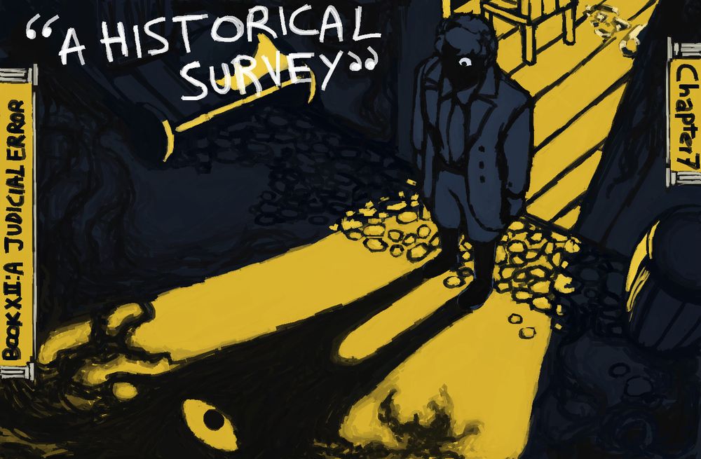 Chapter: A Historical Survey. Mitya stands outside of the door of the cavern and looks at a shadowy inhuman figure in the place of his own shadow.