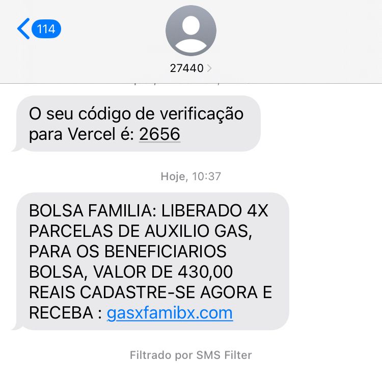 SMS com link fraudulento gasxfamibx .com