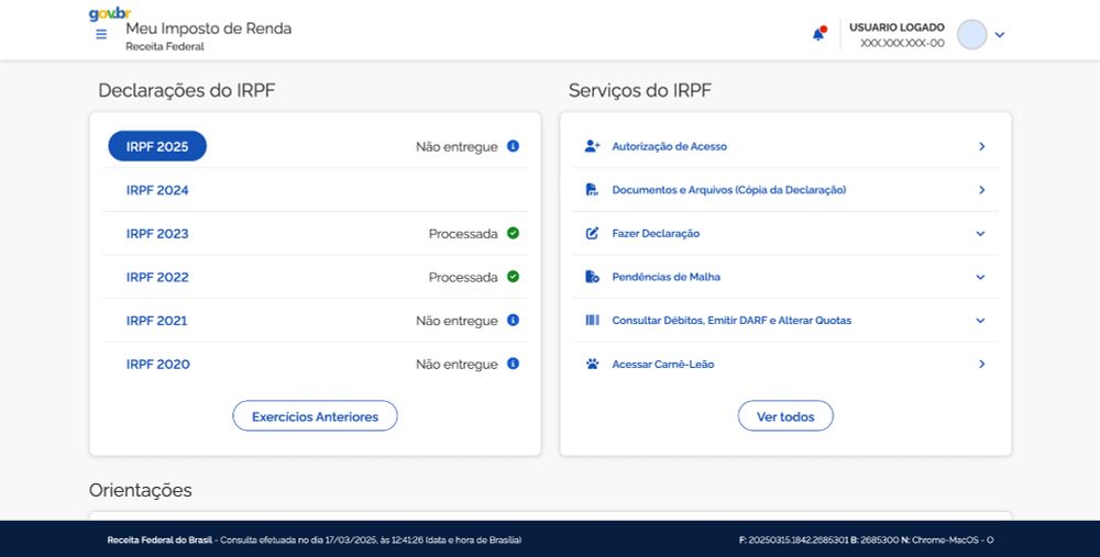 Captura de tela do site "Meu Imposto de Renda" no GOV.BR
