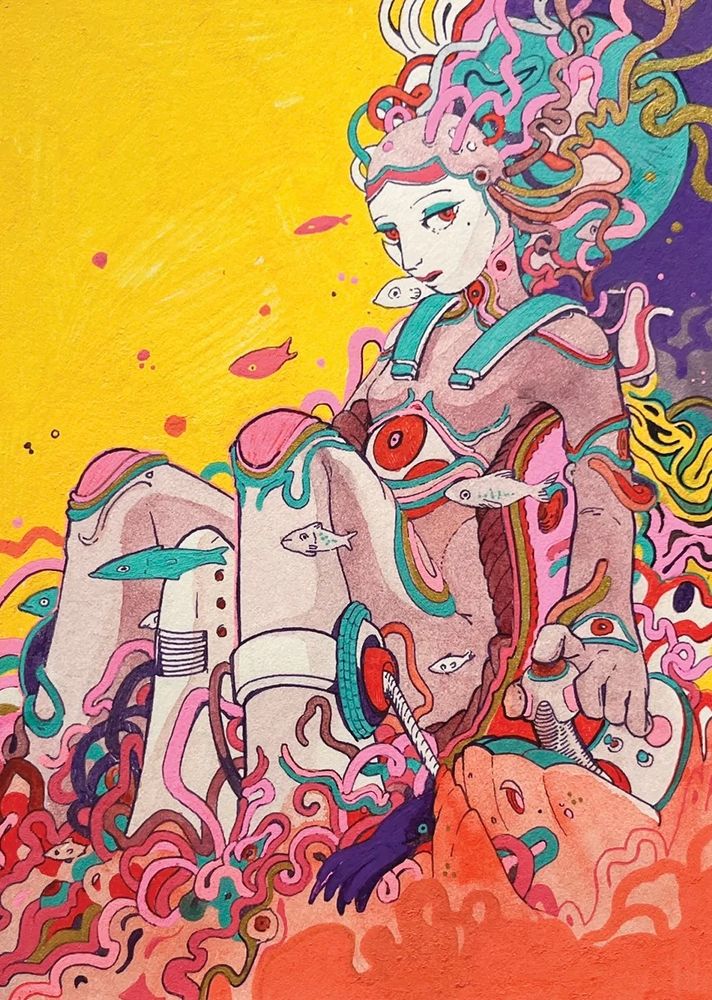 Painting of Person sitting in sci-fi tentacle coral cockpit