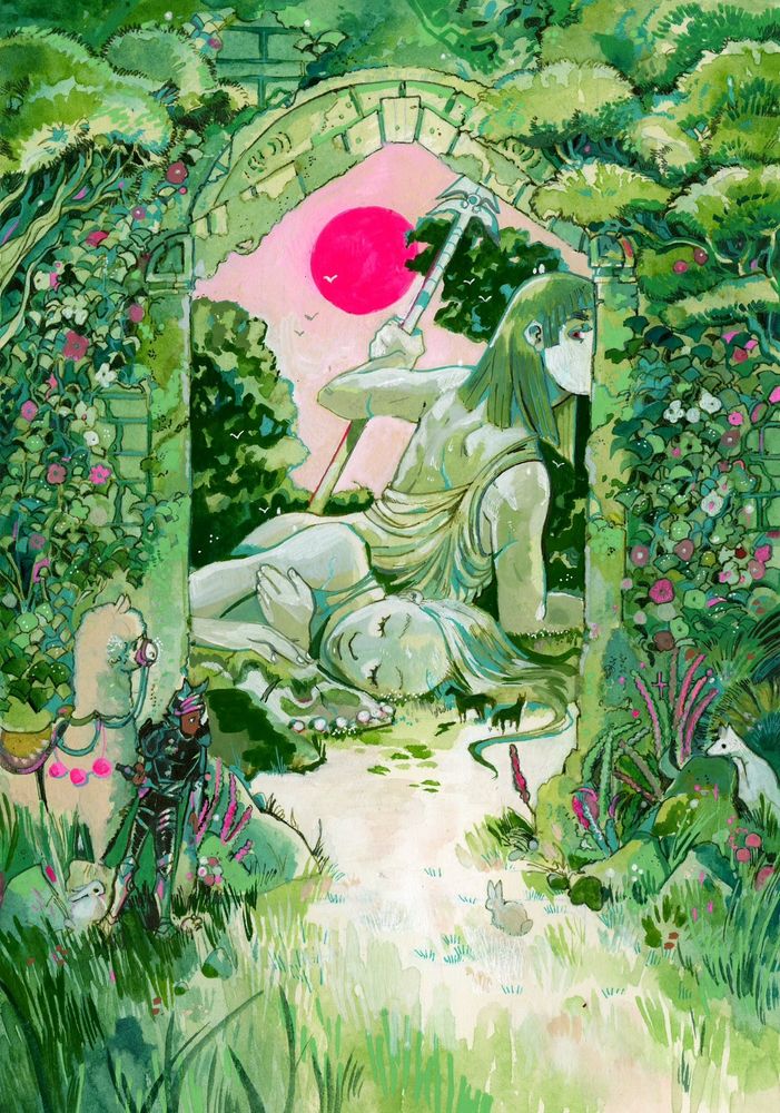 Painting of a sculpture garden