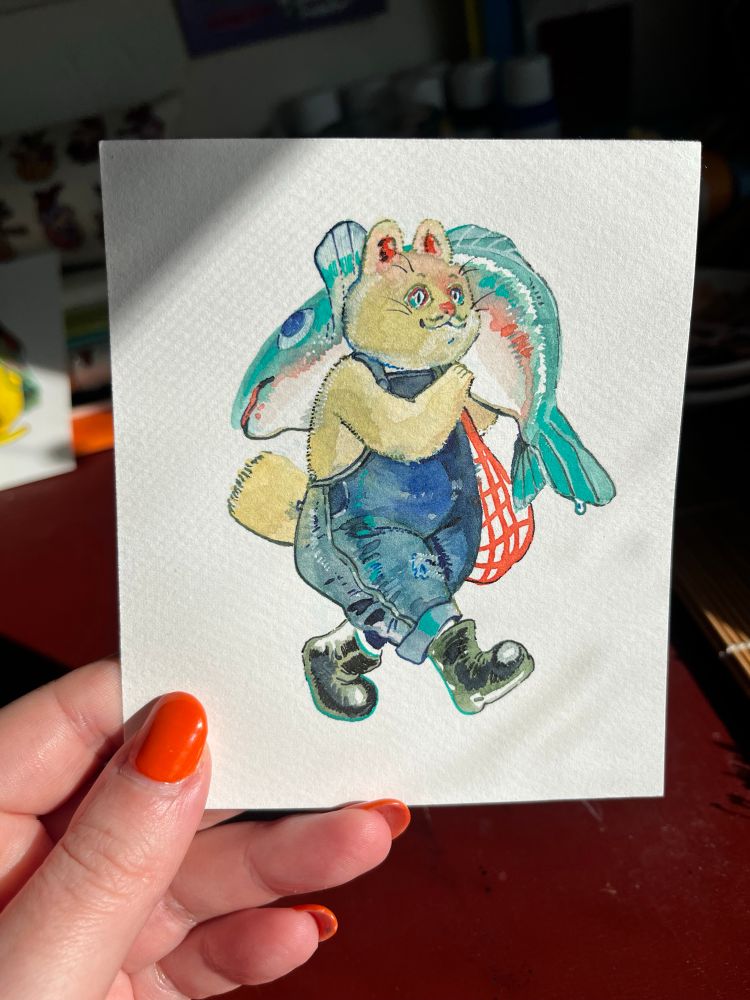 Painting of cat holding a fish