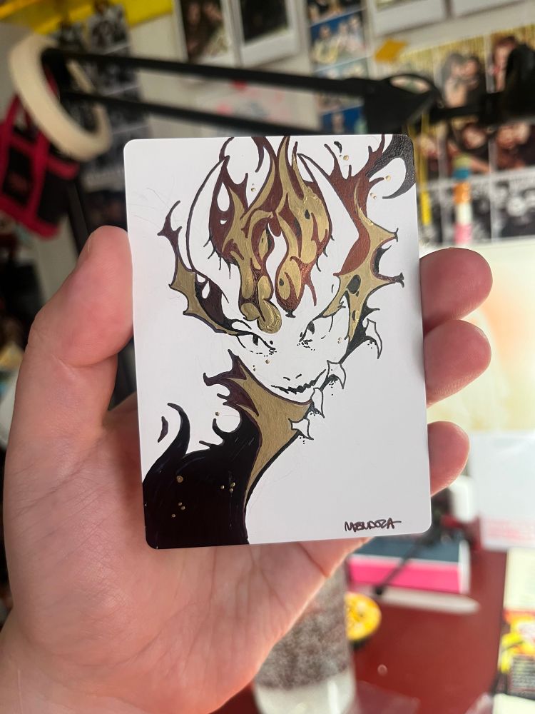 Drawing on the back of a magic card proof of o dragon like bust with fire