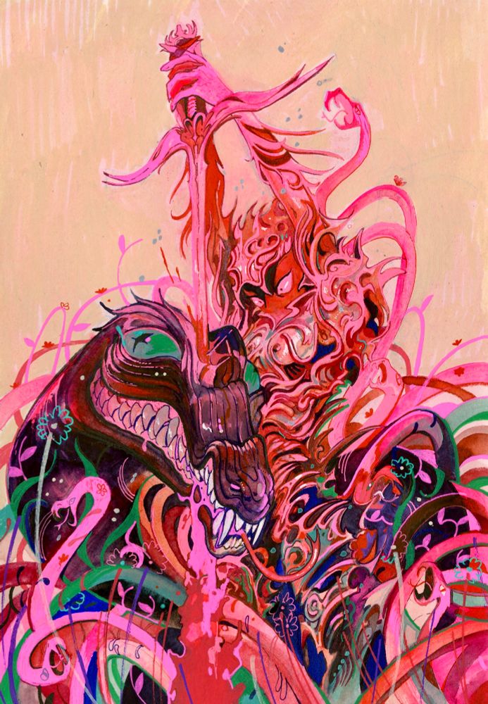 Pink armored warrior stabbing a sword into the head of a giant snake