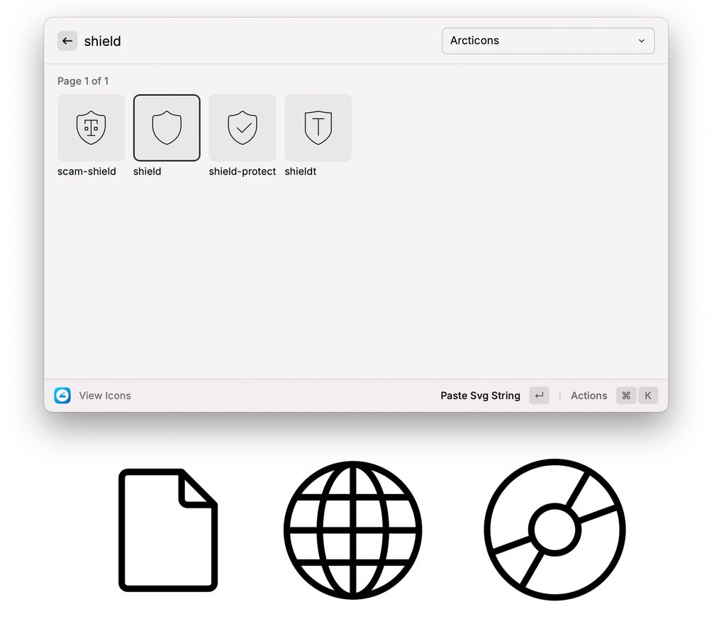 Screenshot of Raycast highlighting icon search with Arcticons icons open