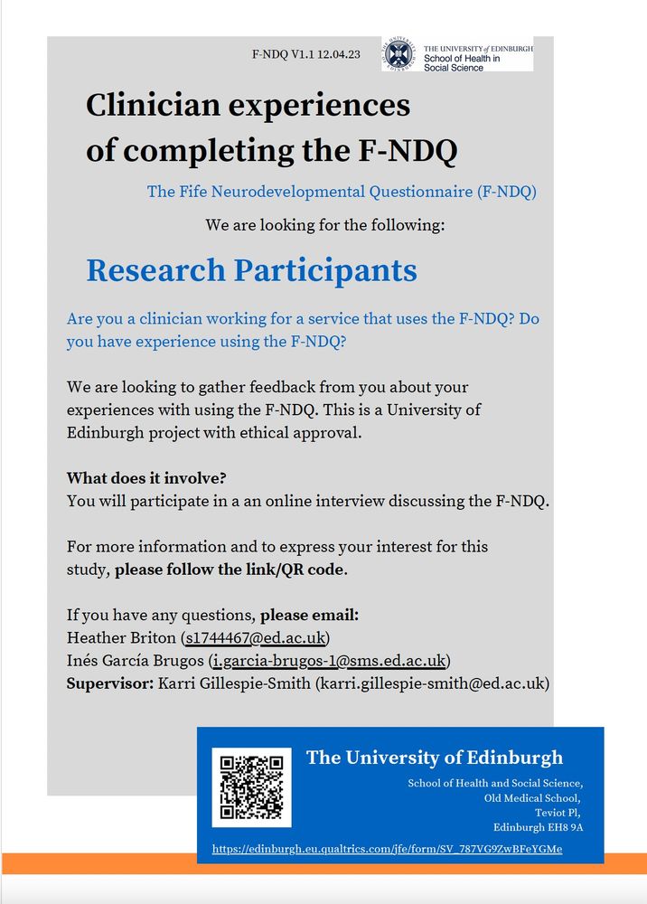 Picture of a flier from Edinburgh Uni about study on clinician experiences of completing the F-NDQ