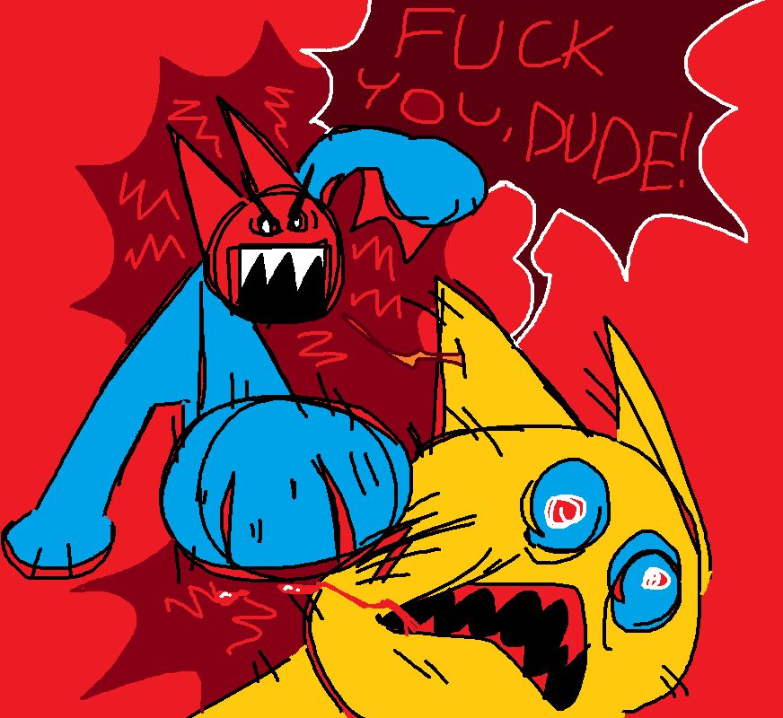 A blue cat enraged, punching a yellow cat in the face shouting, "FUCK YOU DUDE!" 