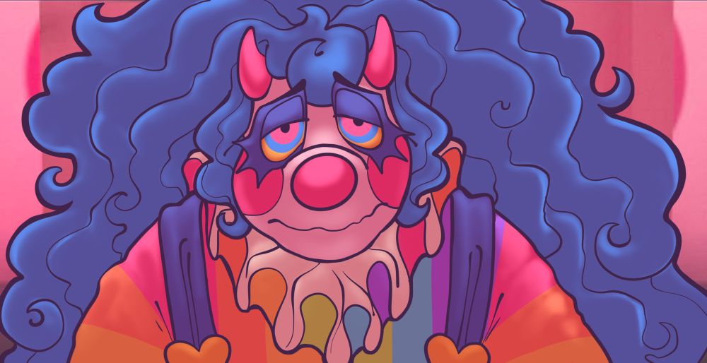 Snickerdoodle frowning, looking at the camera saddened as they stand in a bright pink room.