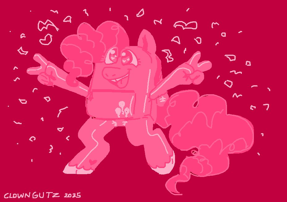 A pinkie pie backpack holding out two peace signs, smiling as confetti surrounds her.