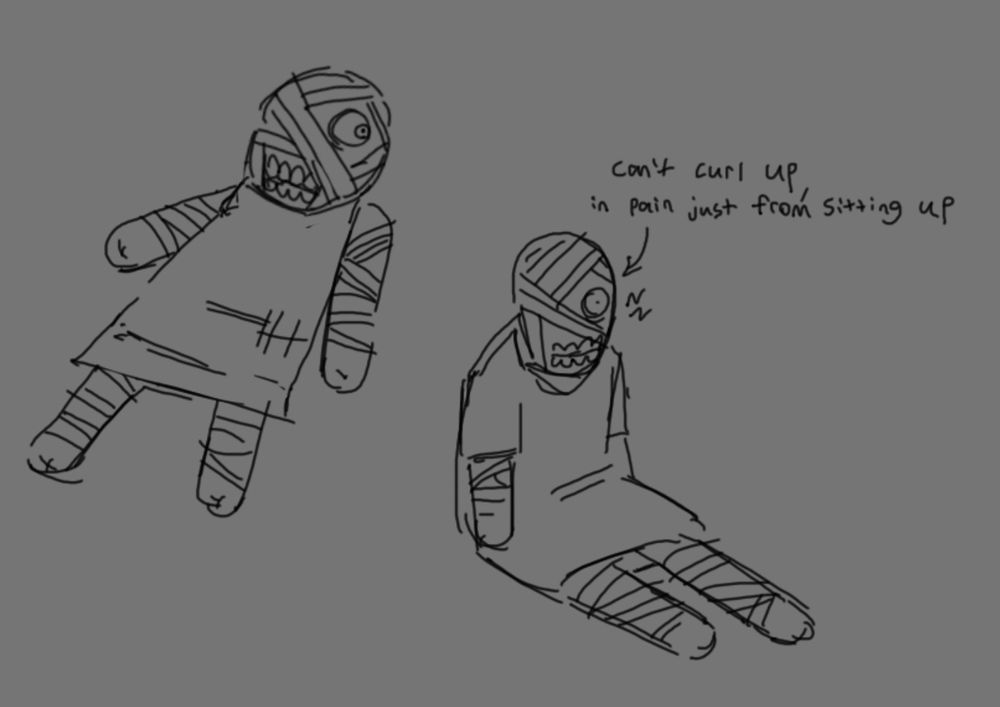 Doodle of Curly laying on his back, another of him sitting up and looking in pain. An arrow with text pointing at him reads out “Can’t curl up, in pain just from sitting up.”