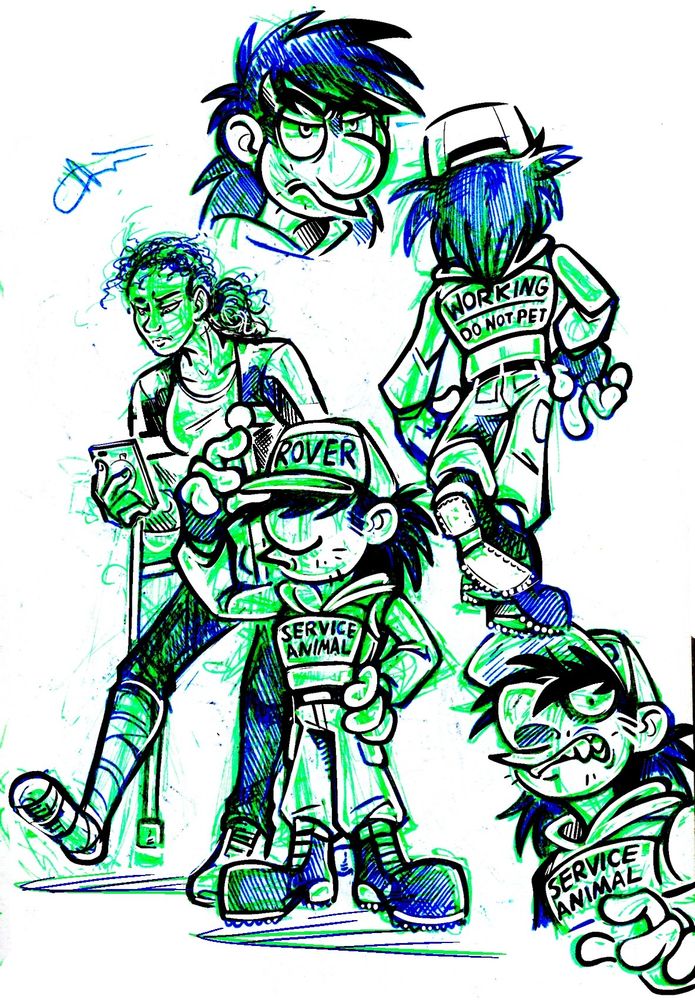 A woman on a pair of crutches stands next to a mascot style cartoon man. He is wearing a vest that says "SERVICE ANIMAL" on the front and "WORKING | DO NOT PET" on the back. He is wearing a cap that says "ROVER", which is set low enough to cover his eyes.