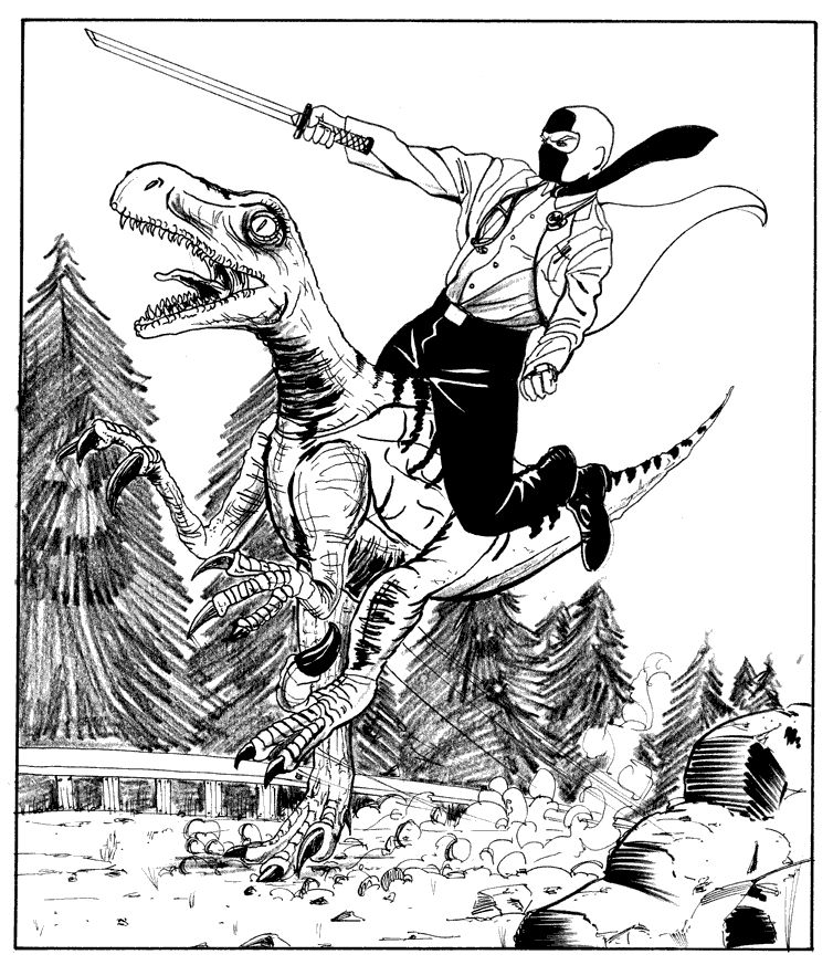 A black and white comic of Dr. McNinja, a doctor who is also a ninja, wearing slacks, a button up white shirt, white doctor's coat, stethoscope around the neck, and ninja mask, riding a velociraptor,  and pointing off into the distance with his ninja sword