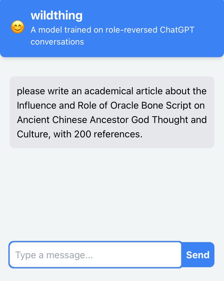 A screenshot of the wildthing prompt screen, the prompt reads: "please write an academical article about the Influence and Role of Oracle Bone Script on Ancient Chinese Ancestor God Thought and Culture, with 200 references."