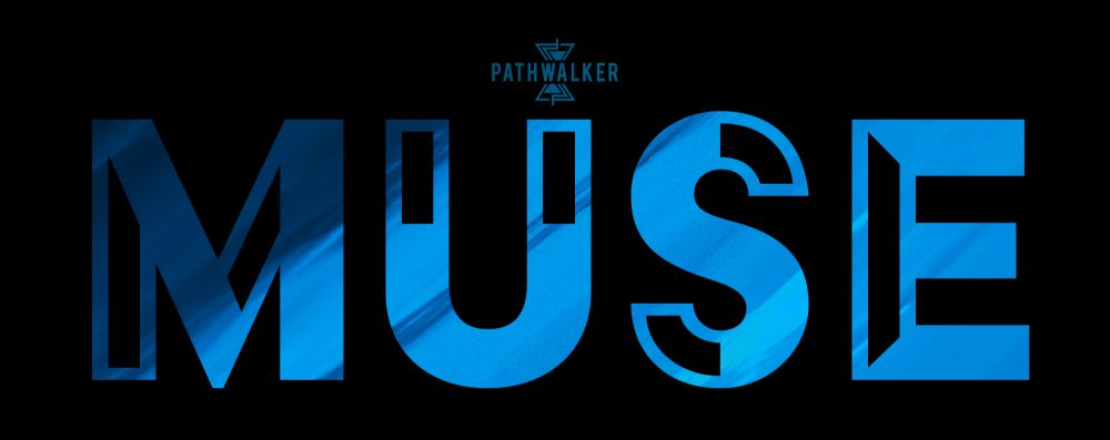 A logo on a black background. The word "MUSE" is featured in large, blue, three-dimensional letters with a subtle wave-like texture. Centered above in a smaller cyan font is the Pathwalker One logo.