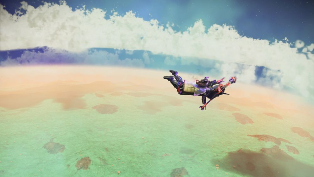 User skydiving from the cargo hatch of his Corvette onto a bountiful planet in No Man's Sky. Voyagers update. Weeeeeee!