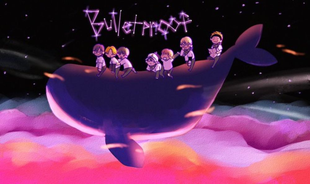 A cartoon drawing of the 7 members of the group BTS riding a whale with the word “Bulletproof” spelled out in the stars above them. 