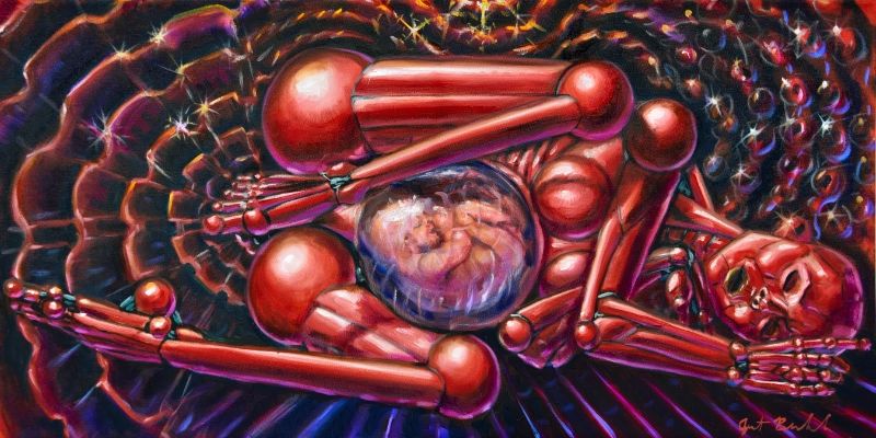 3LV4, Lunoid 12, November 2025, oil on canvas, 36x18in.
Painting of a red gynoform robot with spherical joints, breasts, and a transparent belly displaying a human full-term fetus inside. It lies on its side with legs bent, one foot occluding its pudenda, arms curled as if comfortable, eyes closed and mouth open. Shining red, orange, purple and blue lines radiate in the darkness from its body, forming gears, bubbles, stars, and snowflakes.
