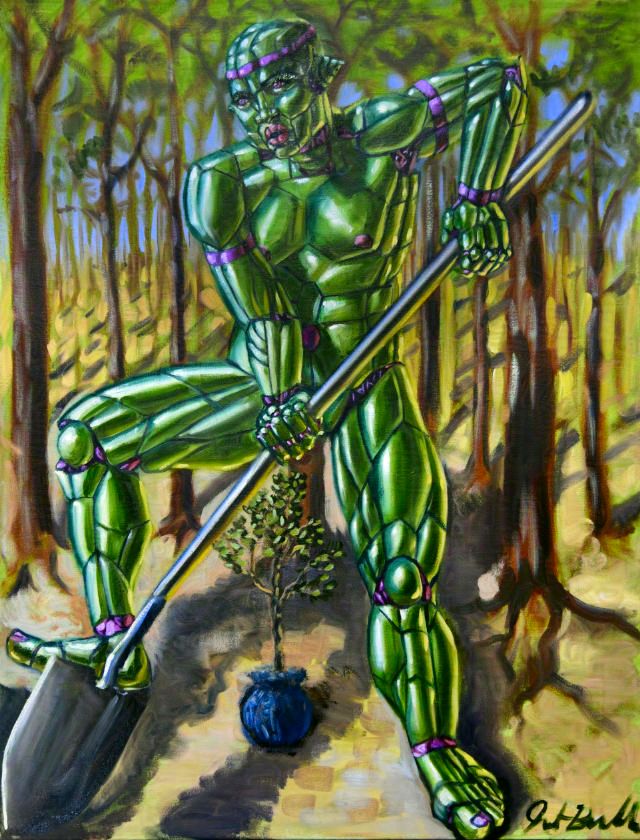 51TA (Lunoid 7), July 2025, oil on canvas, 32x42in.
Painting of a large, muscular green android in a forest, holding a big shovel and pressing down on it with one heel. It has magenta decorations on its unclothed body and between its legs is the sapling it is planting.
