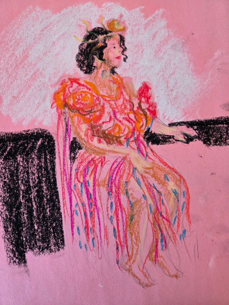 pastel on pink construction paper drawing of seated Andrea in tubular pink and orange toga with green patterned tubes, flowers over torso, gold pumpkin on head