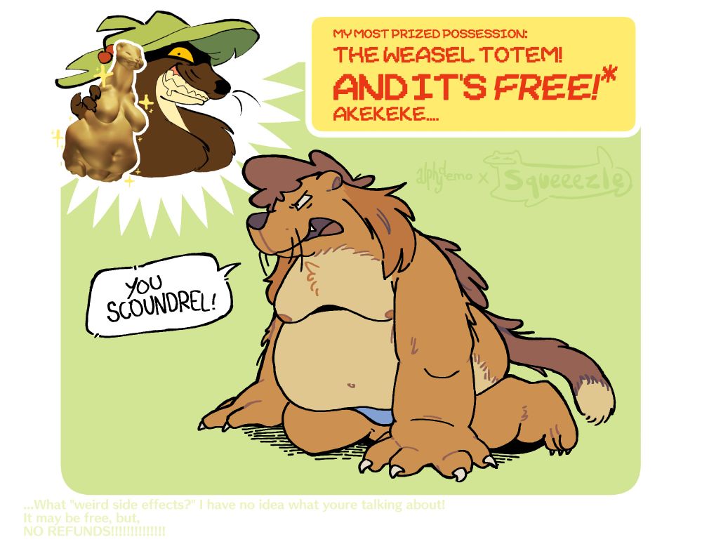 A drawing of my dragon fursona, Kokomo, having been turned into a fat weasel. He's on his knees, and is only wearing a light blue jockstrap. He's furiously yelling "You scoundrel!" at Squeeezle's weasel character in the top left corner. 