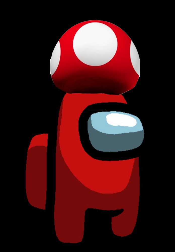 Red Among Us character with Super Mushroom from Mario Bros games on its head