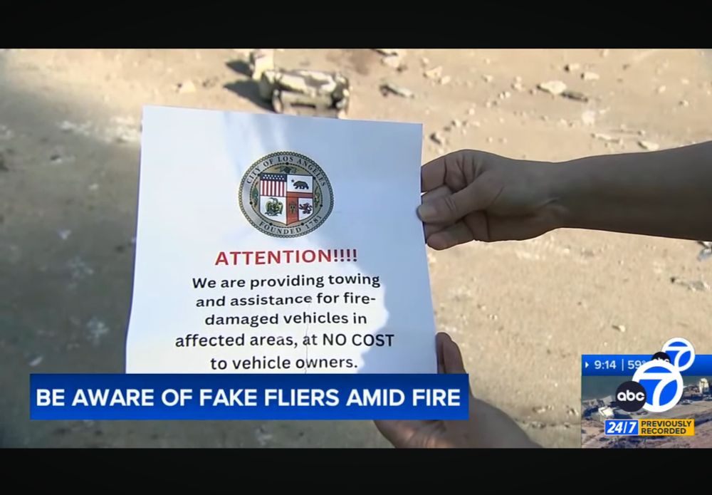 A flier with the seal of California and “ATTENTION!!! We are providing towing and assistance for fire-damaged vehicles in affected areas, at NO COST to vehicle owners.”