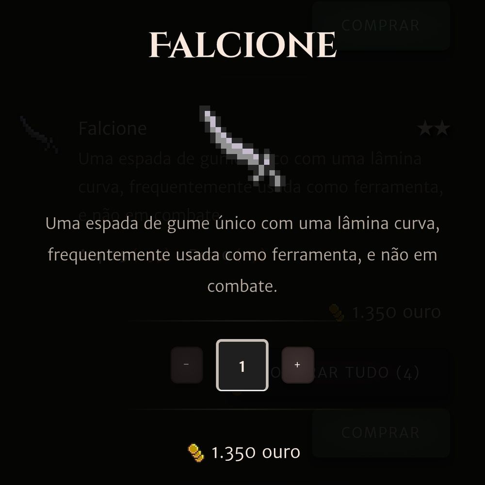 Screenshot de um jogo mostra uma espada de nome Falcione.