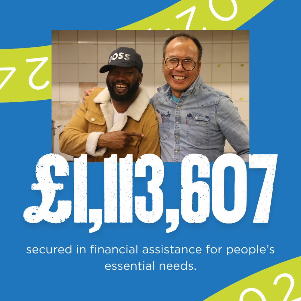Blue background with a green curved band across the top and bottom edges, repeating the text '2024'. Centered in bold white text, it reads '£1,113,607,' with smaller text below: 'secured in financial assistance for people's essential needs'