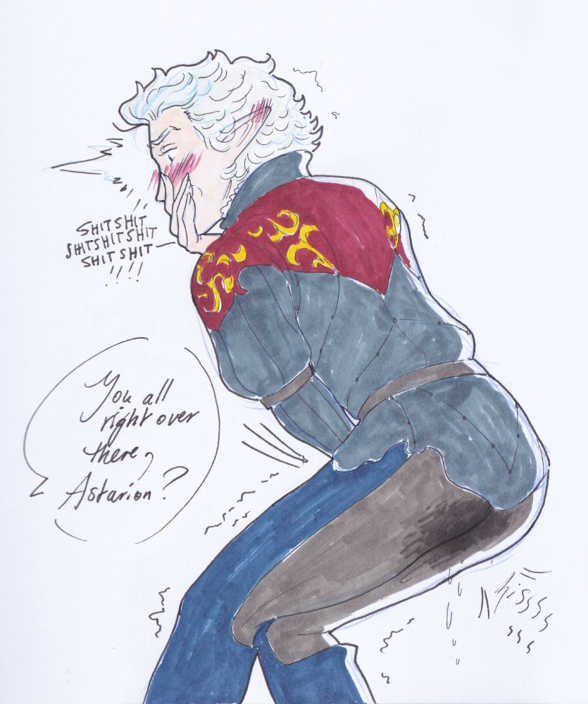 Colored pen drawing of Astarion from BG3 bending forward, accidentally pissing himself. One hand is clasped over his mouth in shock, and the other is pressed instinctively over his groin. There's a visible dark spot on the seat of his pants. His cheeks and eartips are blushing. Someone offscreen asks "You all right over there, Astarion?" while Astarion mutters to himself "shitshitshitshitshitshit--!!" (Also, it's hard to tell here, but he's depicted as trans)