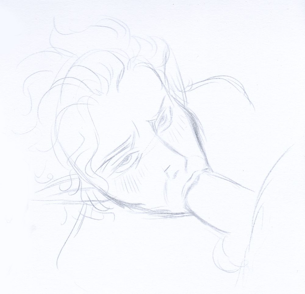 Sketch of Astarion from BG3 sucking dick, while looking up at his partner and blushing.