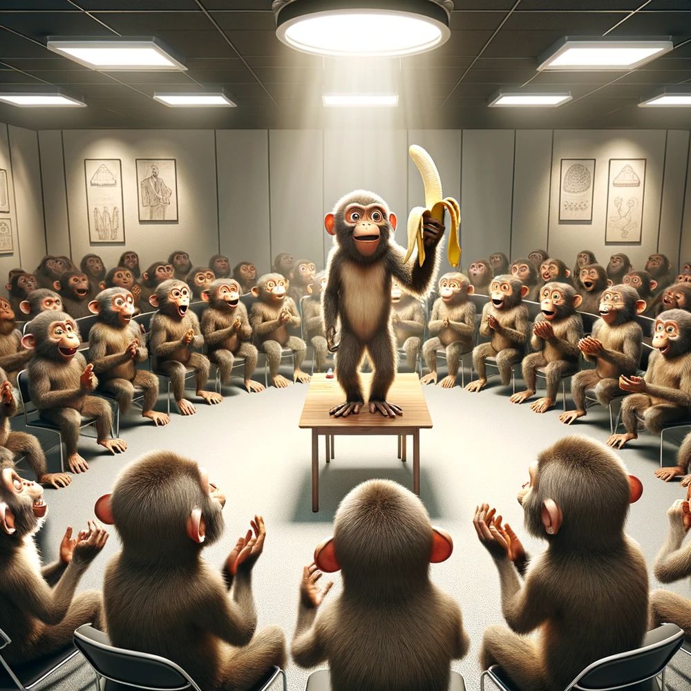 Ein Affe steht auf einem Tisch. Er hält eine gepellte Banane in der Hand. Um ihn herum sitzen im Kreis viele andere Affen, die erstaunt und begeistert schauen und klatschen.