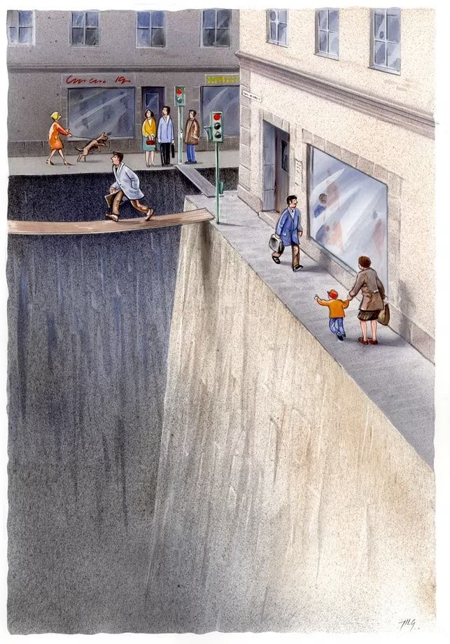 Bild einer Straße, die durch einen bedrohlichen Abgrund ersetzt ist, an dessen Rand Menschen gehen. Quelle: https://utopia.de/diese-kluge-illustration-zeigt-wie-viel-raum-wir-an-autos-verschwenden_87002/
