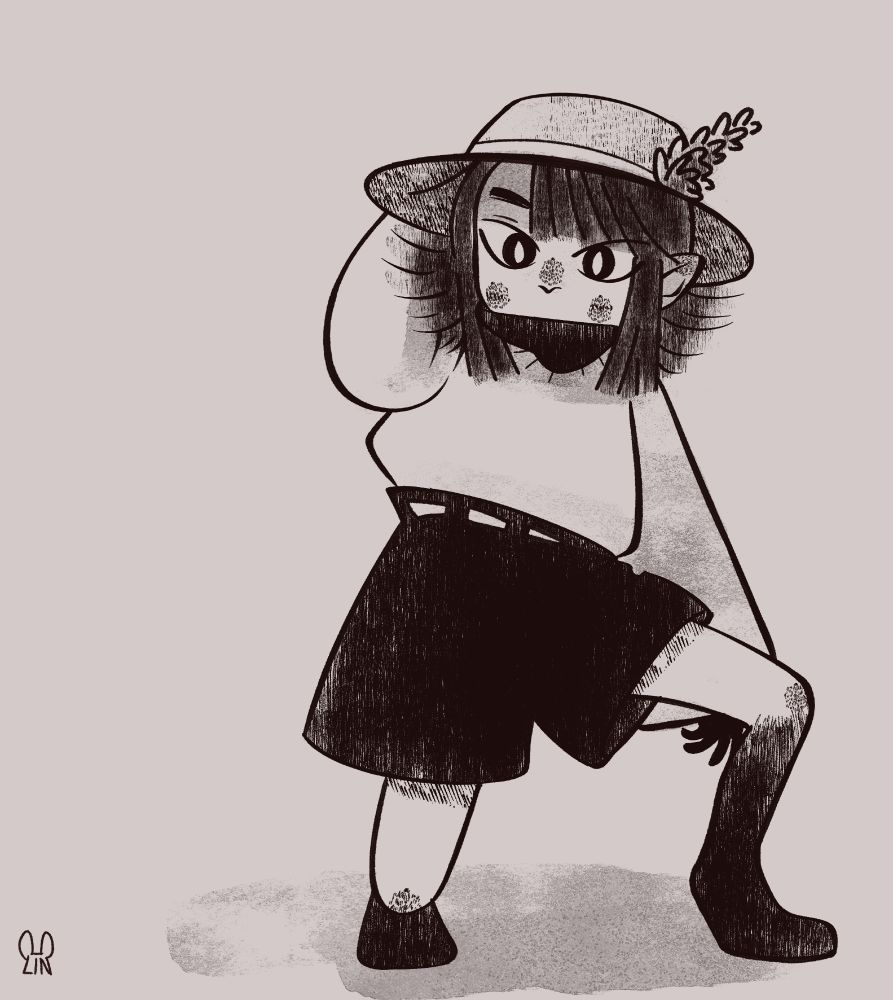 A young woodland dweller on one knee, wearing a straw hat with a lavender flower placed on their hat, a big puffy sweater, big shorts with a squared silhouette, with thin beast-like feet