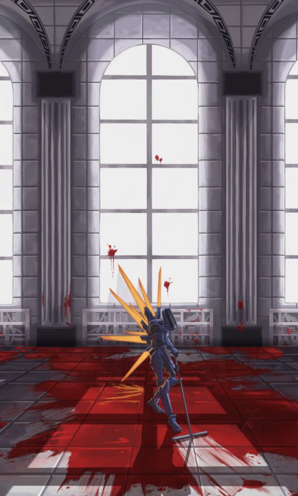 A digital painting of V1 cleaning the floors in 7-S. It is using a plastic mop to gather the blood into a messy circle in the center of the marble floors; a clear parallel to the irl art "Can't Help Myself". Cold, white light shines onto V1 and the puddle of blood from the towering windows.