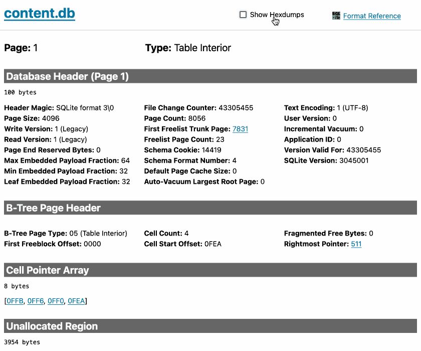 Animated demo of the SQLite explorer tool, clicking through different pages to explore different pages of the database with a detailed breakdown of each one.