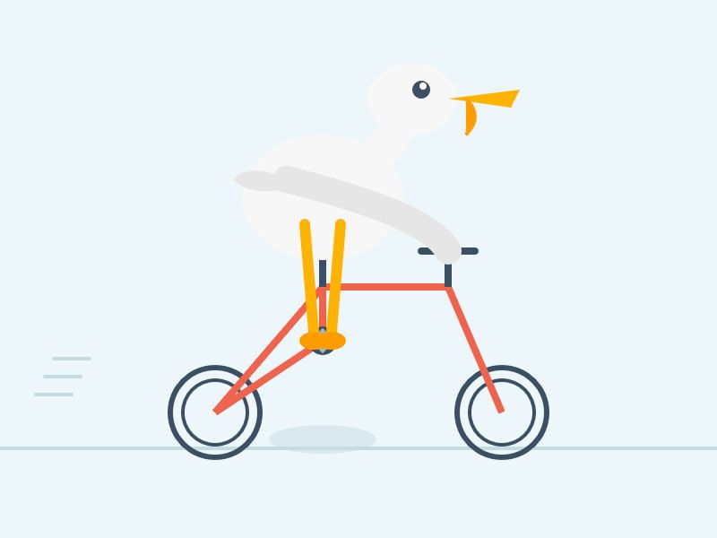 Description by Claude Sonnet 4: This is a whimsical illustration of a white duck or goose riding a red bicycle. The bird has an orange beak and is positioned on the bike seat, with its orange webbed feet gripping what appears to be chopsticks or utensils near the handlebars. The bicycle has a simple red frame with two wheels, and there are motion lines behind it suggesting movement. The background is a soft blue-gray color, giving the image a clean, minimalist cartoon style. The overall design has a playful, humorous quality to it.