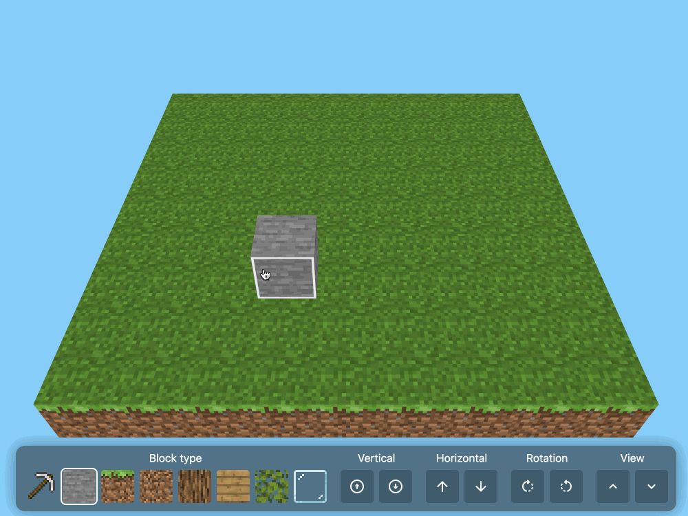 Animated demo. Starts with a 3D 9x9 grass plain, I then start adding blocks to it in rock and wood and glass and rotating it to see it from different angles.