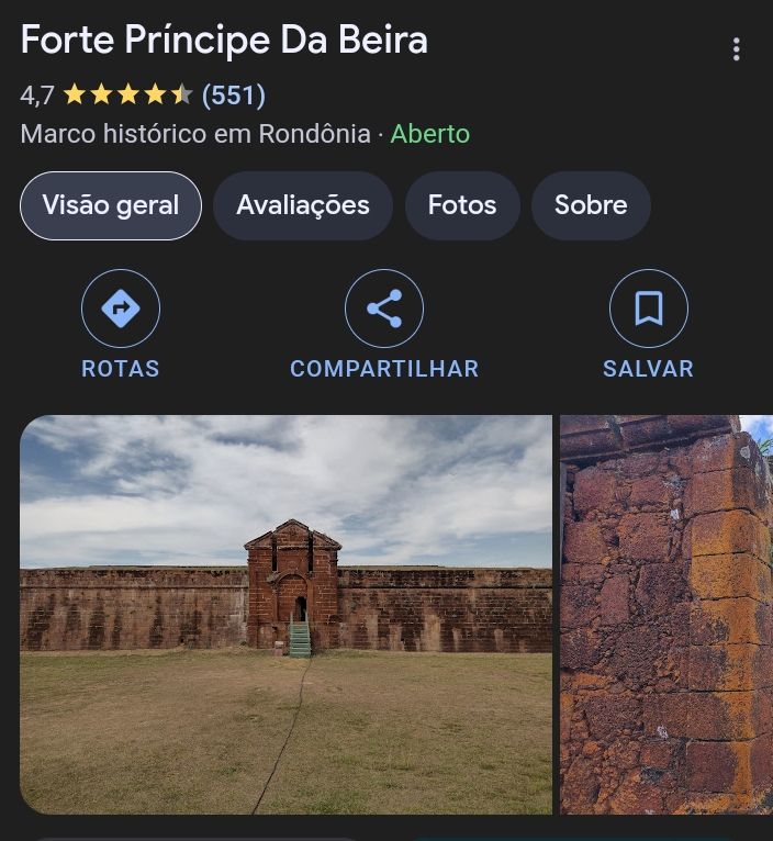 Captura de tela da localização do Forte Príncipe da Beira, monumento histórico localizado na cidade de Costa Marques (RO)