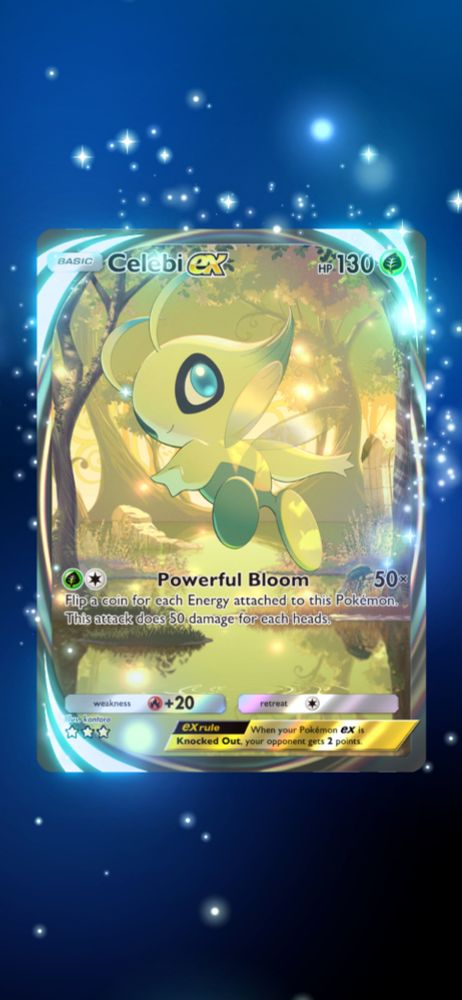 A Celebi EX card from Pokemon TCG pocket depicting the onion fairy in a forest