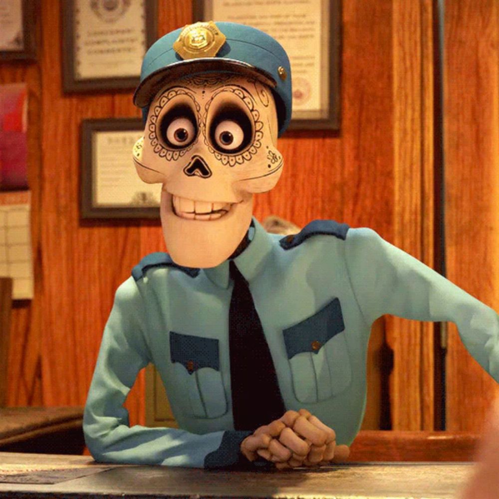 a cartoon skeleton wearing a police uniform and tie